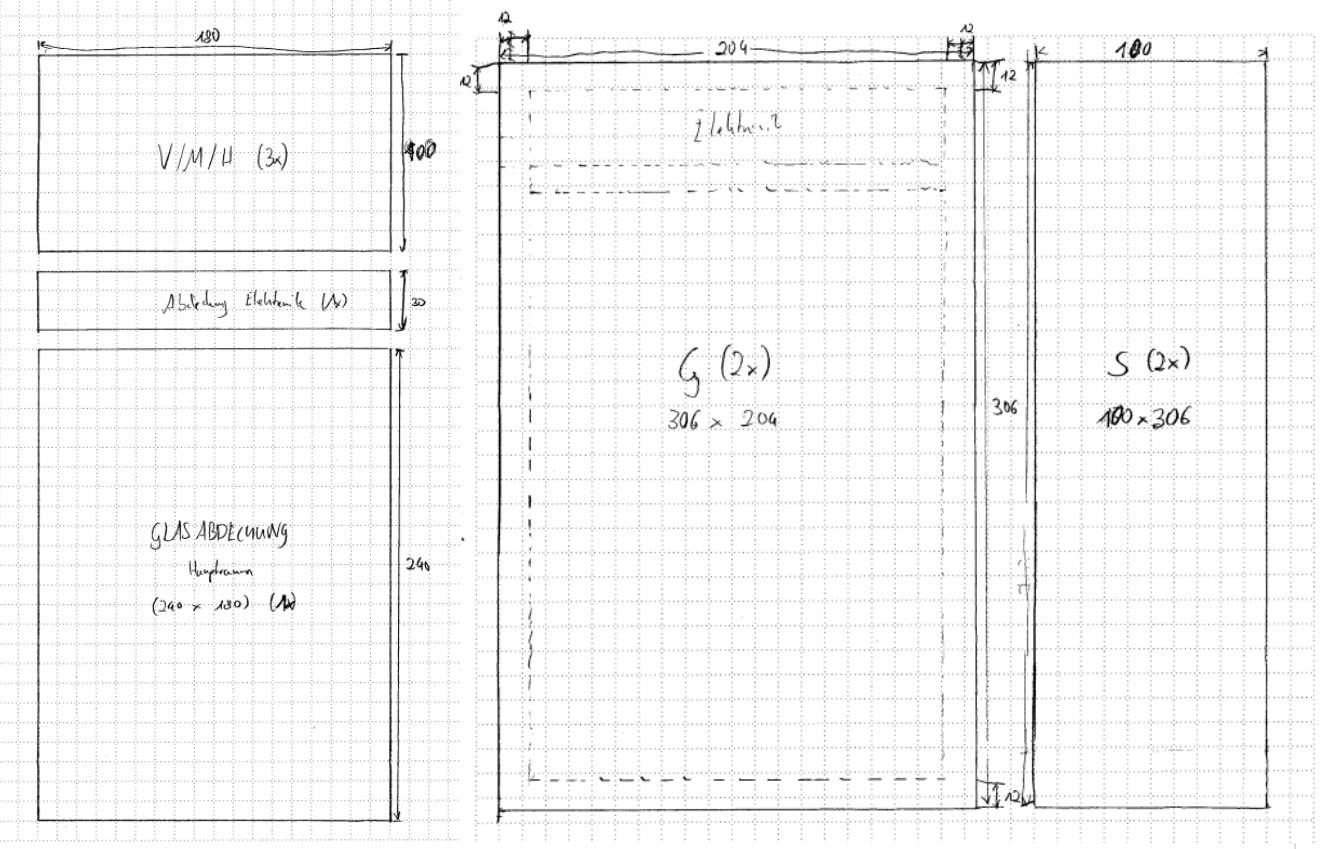 This picture shows sketches for the individual sides of the wooden box