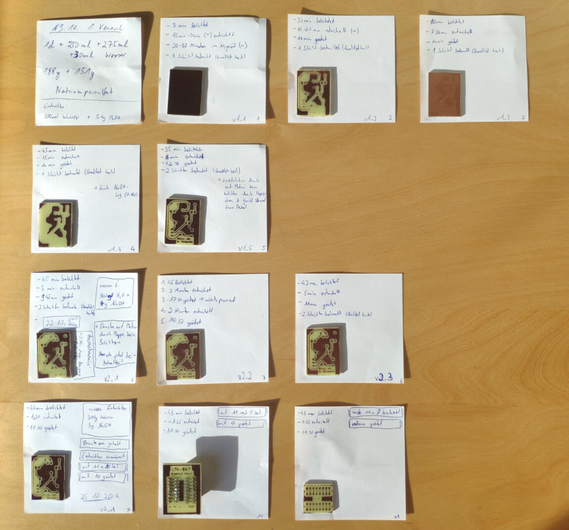 Collage of the first manufacturing attempts up to the first functional PCB